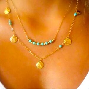 Turquoise Bead Coin Necklace Women Color Gold & Blue